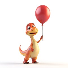 Fototapeta premium 3D cartoon of a playful dinosaur holding a balloon on a white background