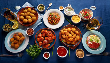 Mesa con tapas españolas típicas como croquetas, patatas bravas, ensaladilla rusa... Vista aérea. Composición de platos. Menú de bar, restaurante