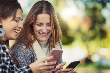 Friends, happy and women in park with phone for social media, online chatting and communication. Nature, laugh and people with cellphone outdoors for bonding with funny meme, website or internet joke