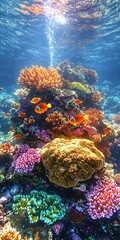 Obraz premium A vibrant underwater scene featuring colorful coral reefs and lively clownfish swimming amidst an array of marine flora, creating a peaceful marine atmosphere.