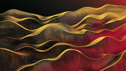 Complex overlapping golden lines on a gradient background shifting from black to deep red, creating a striking geometric pattern that feels modern, dynamic, and luxurious.