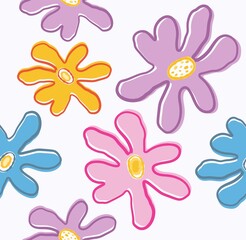 cute seamless pattern,  hand drawn background with wild  meadow flowers. Doodle naive , positive dopamine trendy style,  abstraction design. for print,  textile, children,  paper. art illustration