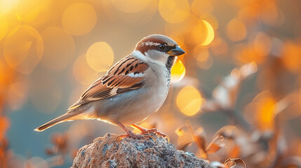A sparrow perched on a rock amidst golden autumn leaves in soft morning light