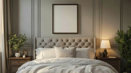 Serene bedroom with an empty frame on the nightstand