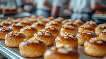 Rows of freshly baked pastries with almond toppings