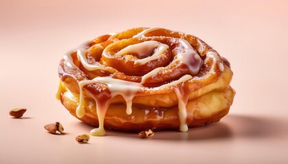 Fototapeta premium Golden Spiral Fried Dough Pastry Drizzled with Rich Caramel Sauce and Lightly Dusted with Powdered Sugar. Perfect for Seasonal Menus, Cozy Fall Breakfasts, or Decadent Dessert Displays