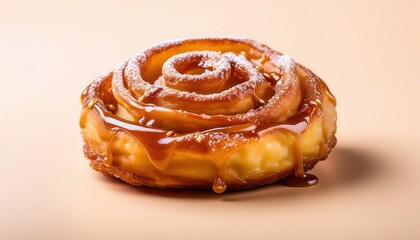 Fototapeta premium Golden Spiral Fried Dough Pastry Drizzled with Rich Caramel Sauce and Lightly Dusted with Powdered Sugar. Perfect for Seasonal Menus, Cozy Fall Breakfasts, or Decadent Dessert Displays