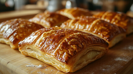 Golden puff pastries on a wooden cutting board.
