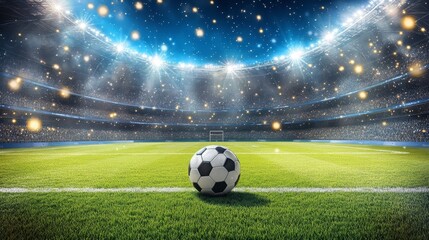 Naklejka premium Soccer Ball On A Green Grass In A Football Stadium. Ready For Penalty Kick. 3D Rendering.