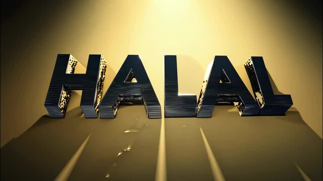 The word "halal" is written in black letters on a yellow background. The letters are stylized and appear to be made of metal or some other material. Scene is somewhat mysterious and intriguing
