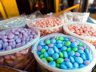 A table topped with plastic containers filled with colorful candies