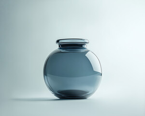 Glossy glass vase on plain background. Monochrome minimalistic image of sea green color for interior studio or glassblowing workshop