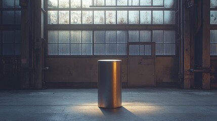 Fototapeta premium Sleek steel pedestal with a brushed finish, spotlighted in an industrial environment.