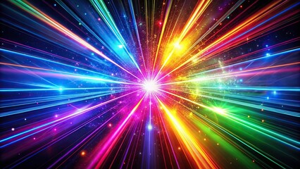 Fototapeta premium Wide-angle futuristic background with colorful laser beams and explosive energy on a dark background