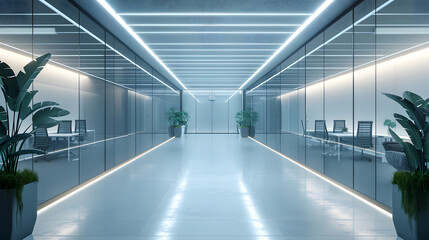 Obraz premium futuristic modern office corridor illuminated by energy-efficient led lighting, showcasing sleek design and sustainability