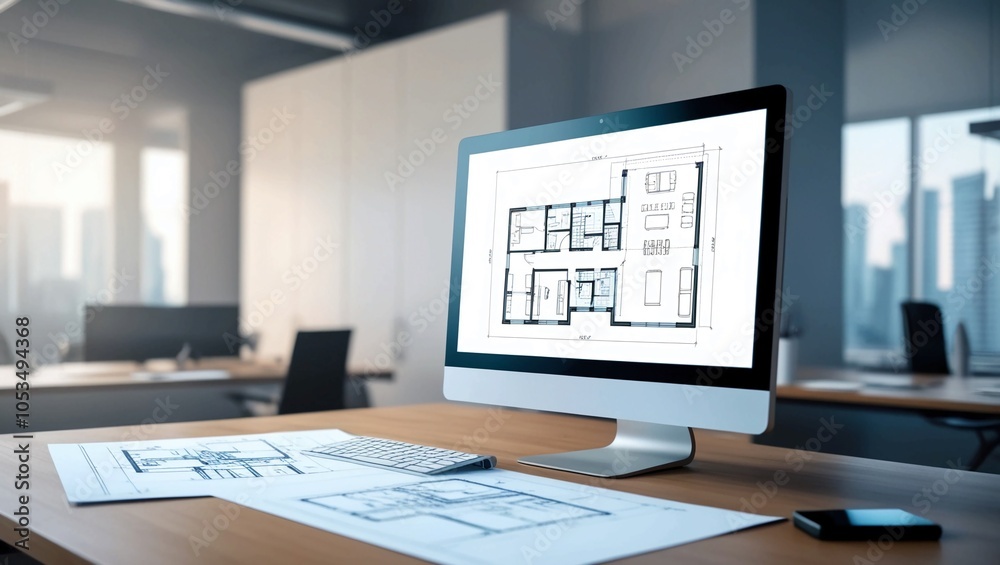 Poster futuristic workspace with a computer monitor displaying architectural blueprints, symbolizing modern