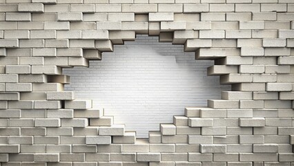 A broken white brick wall with a hole.	