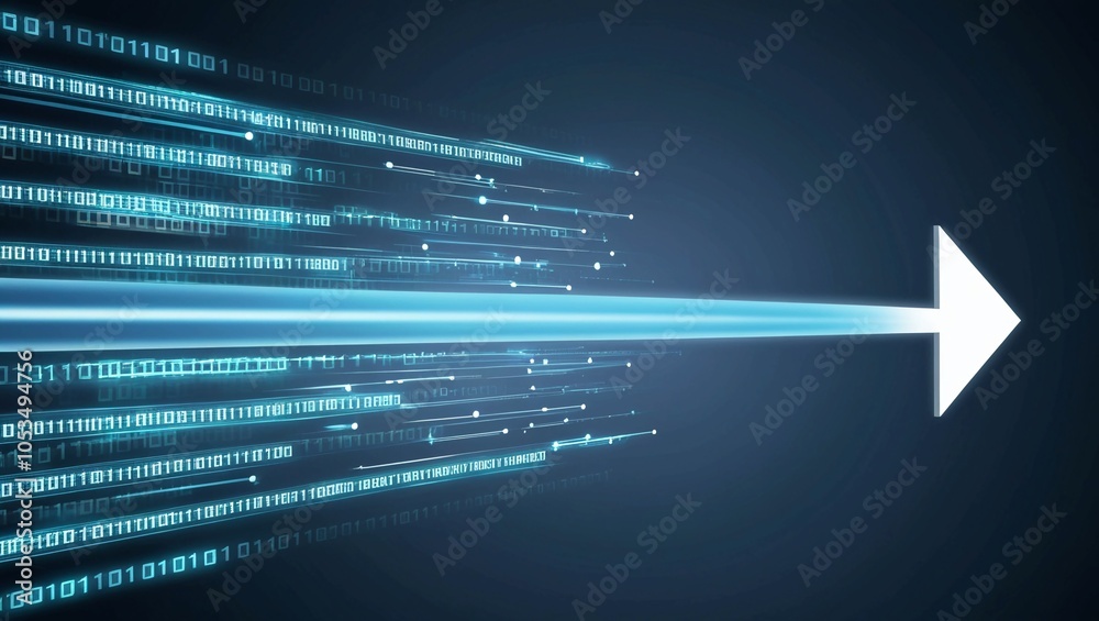 Poster high-speed digital arrow with binary data streams, representing the speed of technology and informat