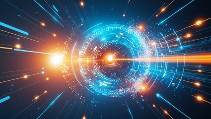 Obraz premium Abstract digital data particles in motion with vibrant blue and orange lights, symbolizing technology, data flow, and connectivity in a sharp, futuristic high-definition visual