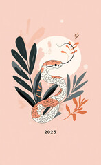 Artistic illustration of a snake entwined among plants, with a soft pink background and the year 2025 featured prominently