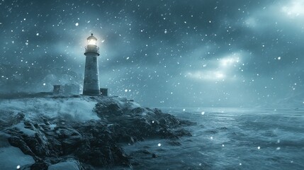 Snowflakes falling on a lone lighthouse on a rocky coast, 4K hyperrealistic photo
