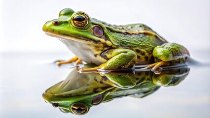 Obraz premium Wide-angle green frog on pond, white background