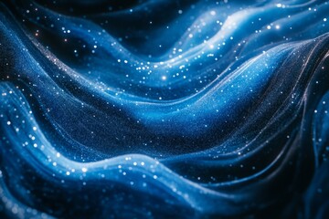 Fototapeta premium A mesmerizing wave of deep blue fabric unfolds. Tiny stars shimmer across its surface. This image radiates tranquility and depth. Generative AI