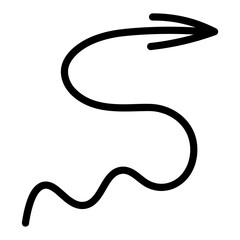 Arrow curly. Sketch. Arrow pointer sign wriggles like a snake. Vector illustration. Wavy pointer in the shape of S, directed to the right. Outline on an isolated white background. Doodle style. 