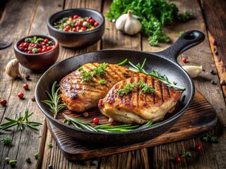 Grilled Chicken Thigh Fillet Steak in Cast Iron Pan on Wooden Table - Savory Deliciousness, Perfectly Cooked, Juicy, Tender, and Flavorful Culinary Delight for Food Lovers