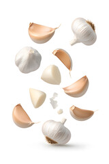 Obraz premium Garlic bulbs with sliced cloves on white background