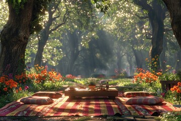 A picnic in a botanical garden surrounded by exotic plants and flowers
