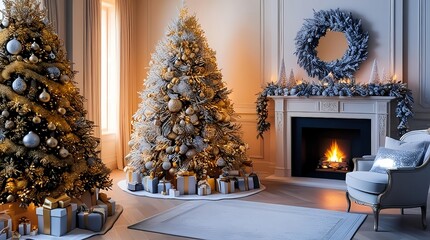 Elegant Christmas scene with a decorated tree in gold and silver, soft warm lights, cozy fireplace, and refined holiday decor in a luxurious room setting