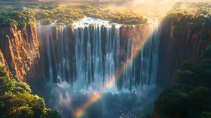A stunning waterfall cascades down a rocky cliff, surrounded by lush greenery. A vibrant rainbow arcs through the mist, creating a serene and magical atmosphere.