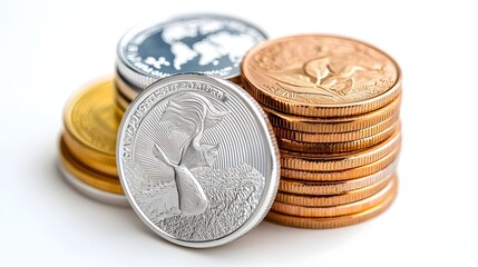Miniature stacked pile of currency coins representing different countries in a 3D digital global finance wealth and international monetary exchange