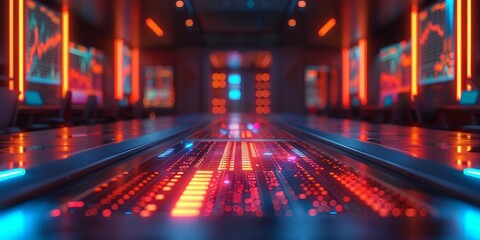 Futuristic control room with glowing data panels and neon lights, evoking a high-tech environment focused on data analysis