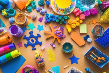 Obraz premium Hanukkah Crafts: A top-down view of a table filled with Hanukkah craft materials, such as colored paper, glue, glitter, and dreidel cutouts. The image captures the creative spirit of preparing for the