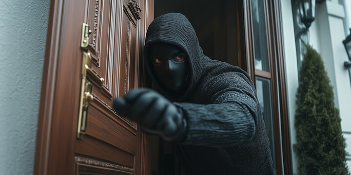 Criminal in hood and mask breaking in. Entering residential house to commit burglary crime.