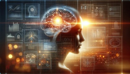 Fototapeta premium Conceptual Visualization of Human and AI Integration: Woman's Profile Blending with Digital Interfaces, Symbolizing Artificial Intelligence and Future Innovation in Technology