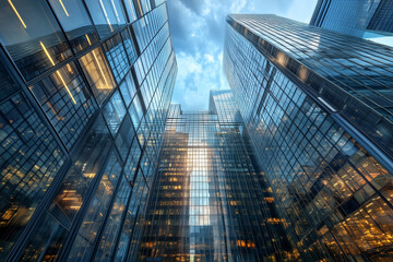 Fototapeta premium city skyline at night with a cloudy sky. The city is lit up with lights from the buildings and cars. Scene is calm and peaceful, as the city is quiet at night