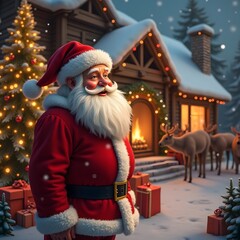 festive winter scene featuring Santa Claus standing outside a cozy with cristmas tree