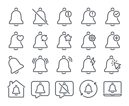 Bell notification editable stroke outline icons set isolated on white background flat vector illustration. Pixel perfect. 64 x 64.	