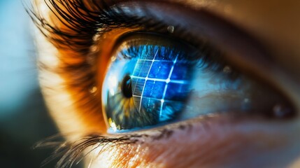Close-up of human eye reflecting solar panels, symbolizing renewable energy, future technology, and environmental sustainability