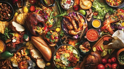 Fototapeta premium Festive Food Spread with Roasted Chicken, Bread, and Salads