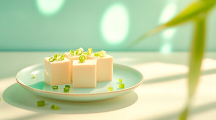 a plate on the table with two or three whole white tofu cubes on it. Some green chopped green onions are sprinkled on the tofu cubes, which looks like a good delicacy