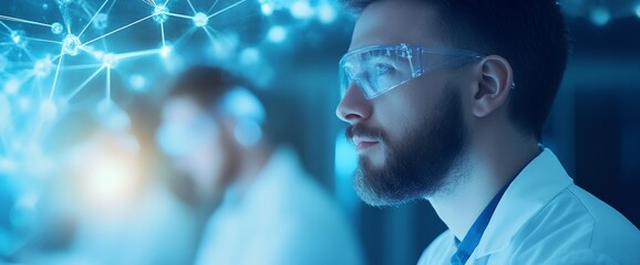 A focused scientist wearing protective goggles and a lab coat observes complex digital connections, engaged in groundbreaking research in a modern laboratory setting