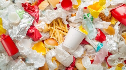 Fast food packaging and plastic waste showcasing environmental pollution from consumer culture and single-use products