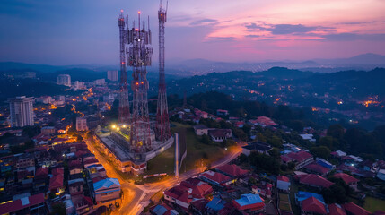 Obraz premium Telecommunications tower over urban landscape at dusk, symbolizing 5G technology.