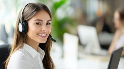 A woman wearing a headset is smiling