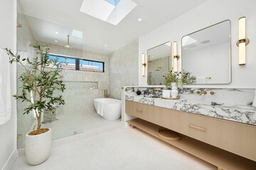 Modern luxury bathroom with marble countertop and skylight.