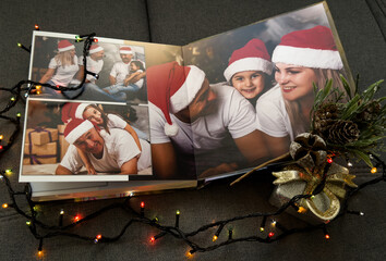 Photos of family against Christmas lights decor background